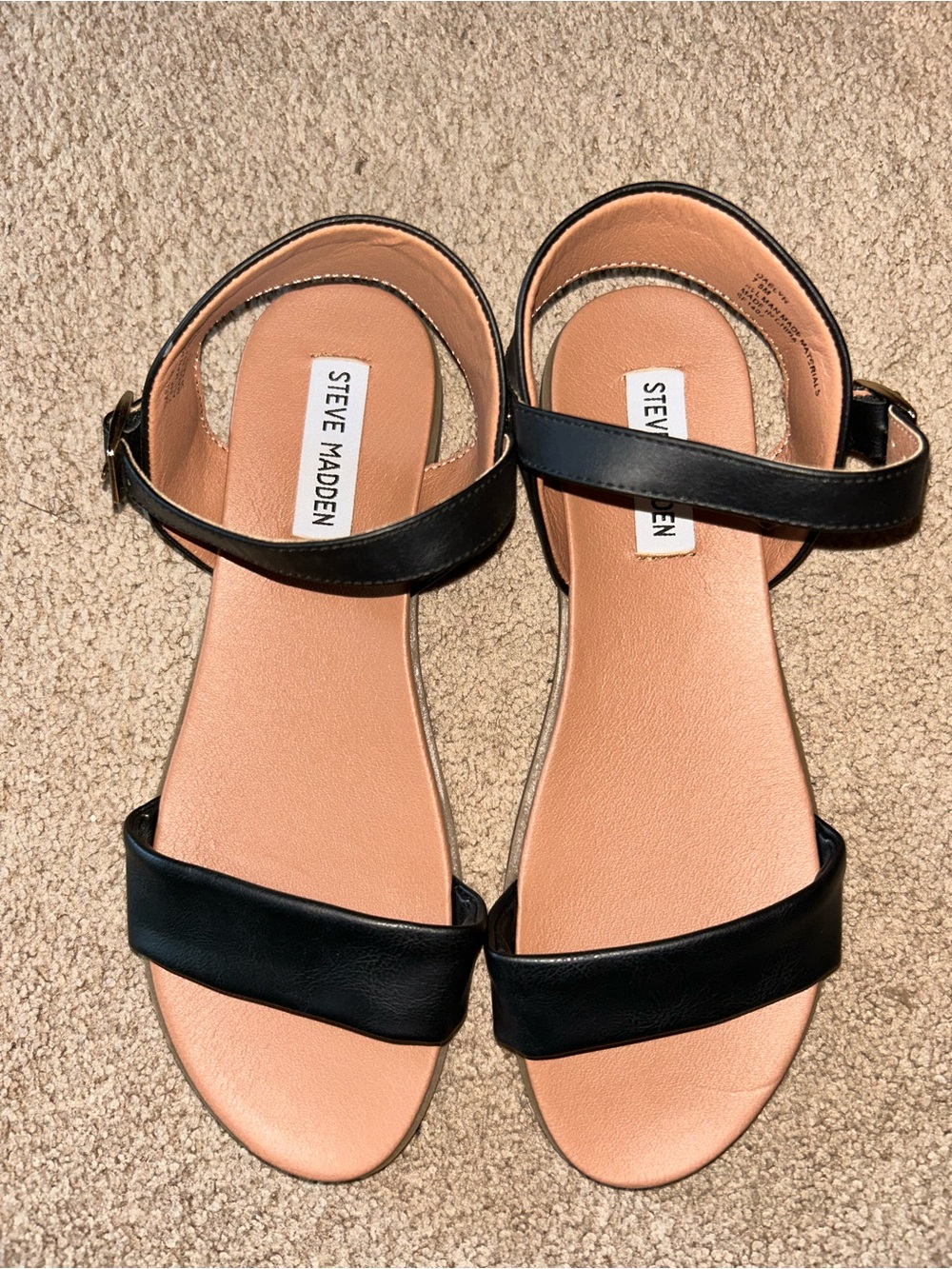 Steve Madden Black and Tan Two-Band Ankle-Strap Sandals
